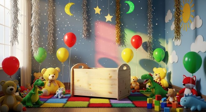 A whimsical and colorful nursery filled with toys, balloons, and a wooden crib under a starry sky wall decoration.