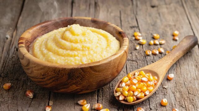 Wooden bowl with cornmeal grits, wooden spoon, and loose kernels of yellow corn arranged on a rustic table.