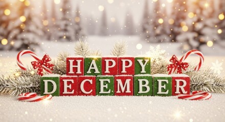 Happy december text with candy canes and snowy pine branches