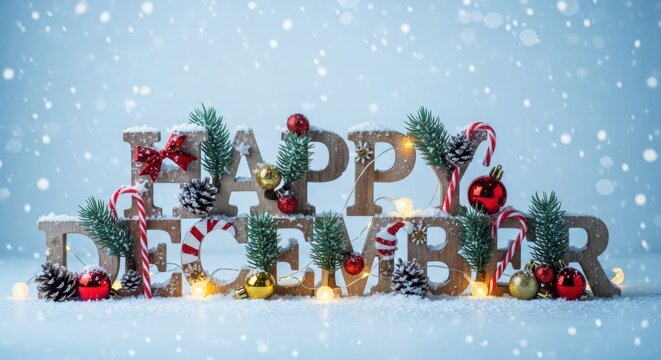 Happy december text decoration with pine branches and candy canes - Powered by Adobe