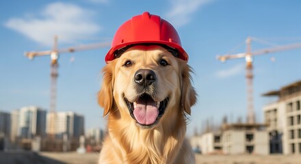 Obraz premium Golden retriever wearing red hard hat construction