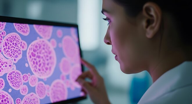 Scientist examining microscopic cells on screen laboratory