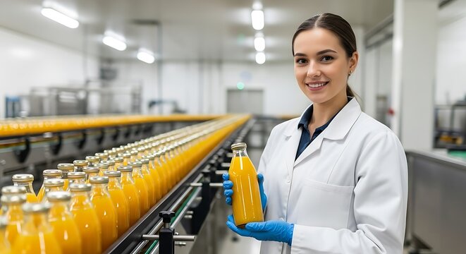 Woman holding orange juice bottle in factory image