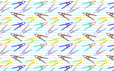 Colorful compass seamless pattern. Seamless pattern of drawing compass. School supplies pattern. Multicolor compass illustration. Drawing compass pattern on lined notebook background.