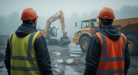 Construction workers observing heavy machinery safety vests