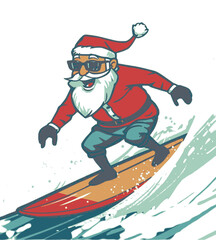 Surfing Santa Claus with sunglasses riding an ocean wave, a cool and fun character for a tropical Christmas holiday concept