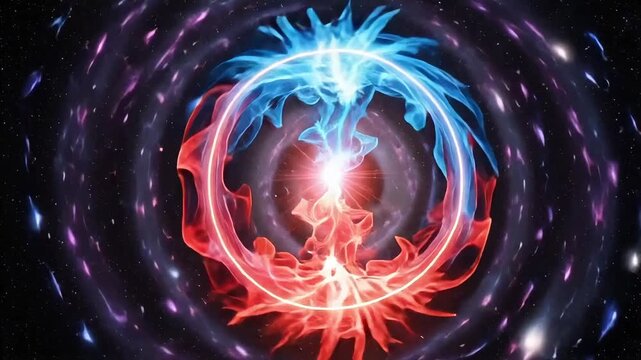 Abstract visualization of a cosmic event, possibly a wormhole or energy vortex, with swirling red and blue flames in space