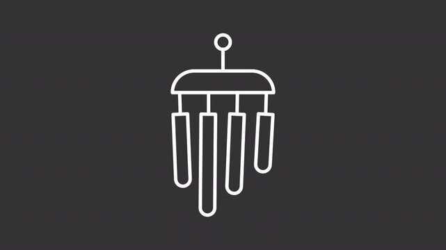 Wind chime ui icon white line animation. Arrangement of suspended objects making musical sounds. Tinkling and resonant melodies animated user interface element on dark background. Transparent HD video