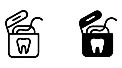 Dental floss container with tooth icon, black outline and solid filled versions, representing essential oral hygiene and preventative dental care practices.
