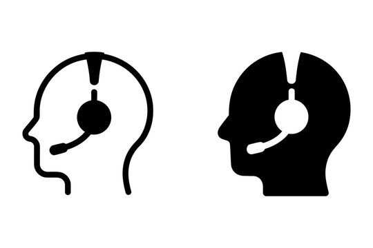 Customer support icon: outline and solid human head with headset, microphone. symbolizes digital communication, assistance, call center, and online services.
