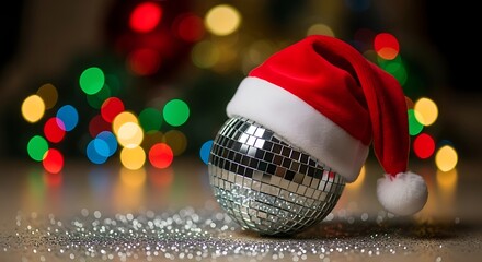 Festive disco ball wearing a soft Santa hat, reflecting bright holiday lights and sparkling with silver glitter on a table