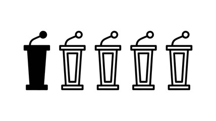 Public speaking podiums with microphones, vector icon set for conference presentations, debate forums, and education lectures, solid and outline styles