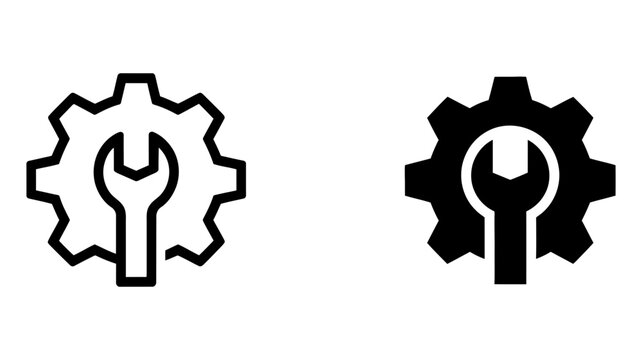 Gear and wrench icon, symbolizing essential settings, service, tools, maintenance, configuration, and technical support functionality