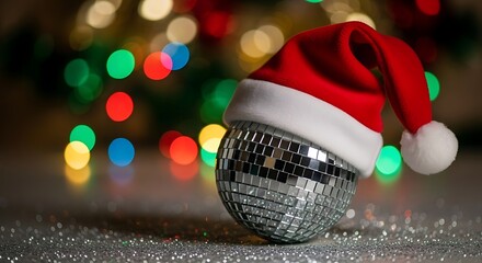 Festive disco ball wearing a soft Santa hat, reflecting bright holiday lights and sparkling with silver glitter on a table
