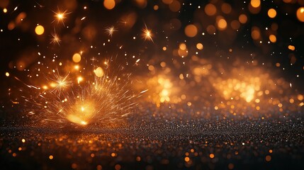 Dark background with golden fireworks and glittering sequins falling to the ground creating an atmosphere of celebration and joyful festivities