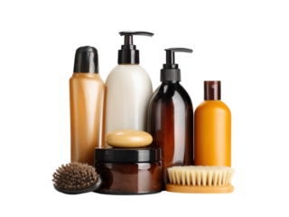 Amber brown white bottles brushes soap jar image, Isolated, Png Transparent Background