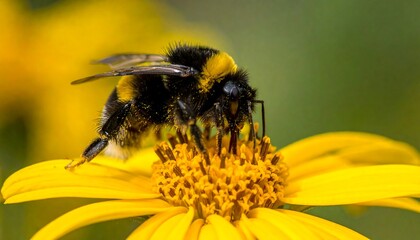 Bumblebee on Yellow Flower Collecting Pollen in Summer.