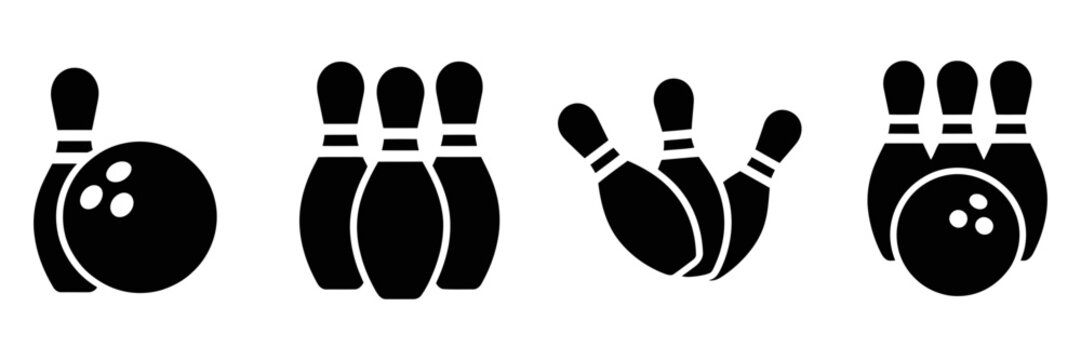 Bowling pins and ball icon set. sport game activity pictogram collection representing leisure, recreation, strike, spare, and competition.