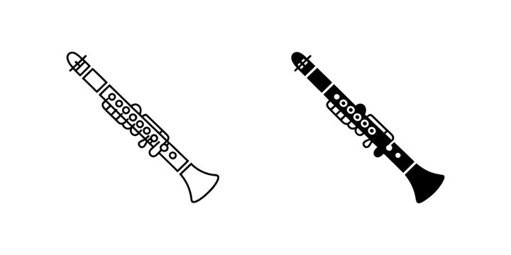 Stylized outline and solid silhouette icons of a clarinet, a woodwind musical instrument, perfect for graphic design and educational materials