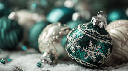 Christmas Ornaments Closeup Teal Silver and White Holiday Decoration