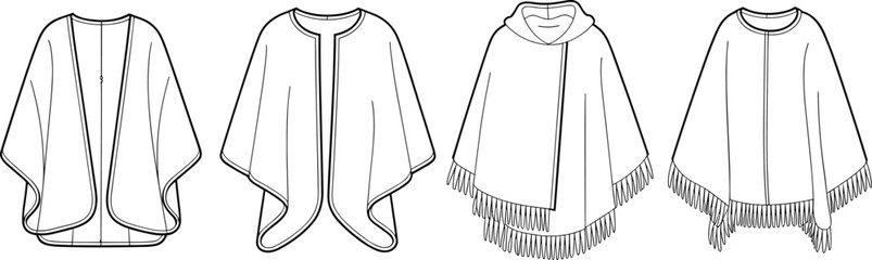 Fashion cape illustrations, poncho design sketches, outerwear technical drawings, garment flat sketches, elegant cape templates, winter fashion design elements