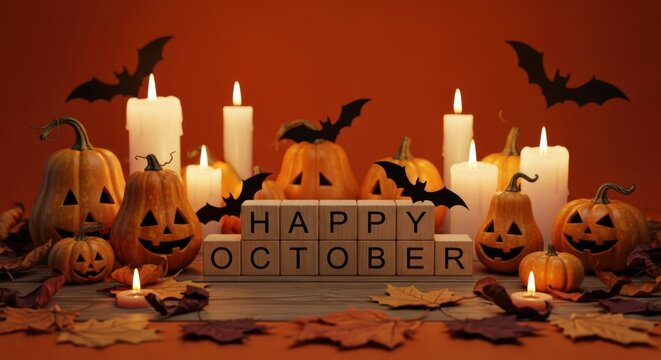 Happy october text with carved pumpkins and candles for halloween