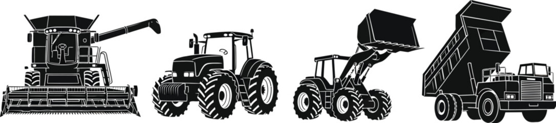 Obraz premium Black and white illustration of a combine harvester tractor loader and dump truck vehicles in a row