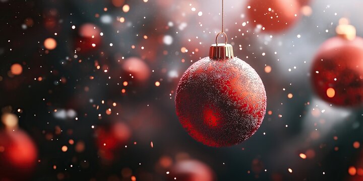 A red Christmas ornament on a blurred background with falling snowflakes and festive decorations creating a holiday concept atmosphere