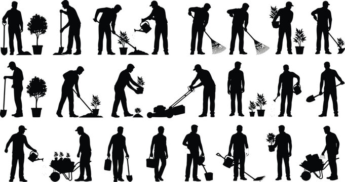 Silhouetted figures engaged in various gardening and yard work activities in a group setting