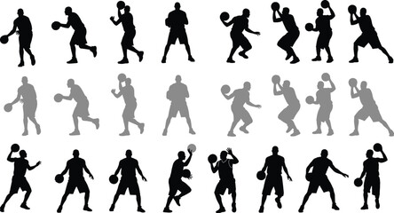 Basketball player men silhouettes set, dribbling, shooting, passing, and attacking actions, sports, competition, and team game vector collection.