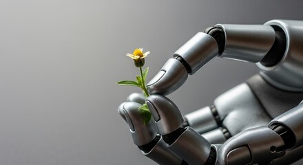 Robot hand delicately holding a flower a symbol of technology and nature