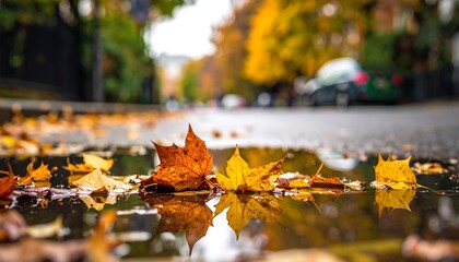 Autumn Leaves Reflected in a Puddle on a Rainy Street.