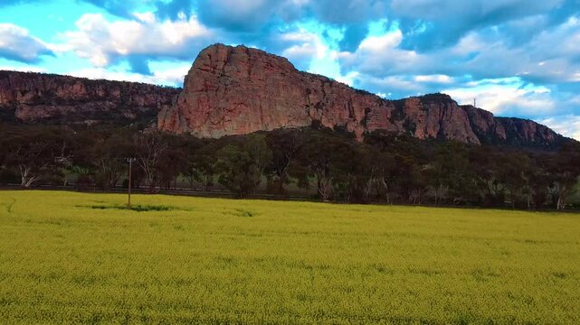 Yellow Conola Fly Forward to Rocky Cliff Face, Aerial Fly Over Mt Arapiles.
