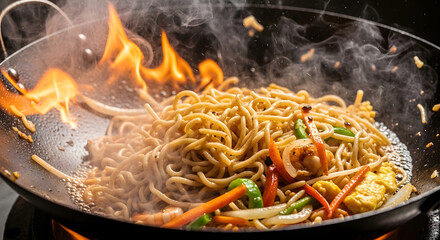 Delicious Noodles Being Stir Fried in a Wok with Flames.