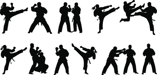 Karate and taekwondo fighters silhouettes set, performing high kicks, sparring, and self-defense movements, martial arts training vector.
