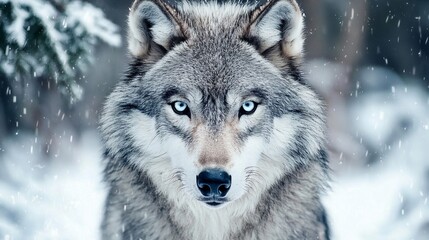 Fototapeta premium Intense BlueEyed Wolf Portrait in Snowy Winter Wilderness Focused Gaze.