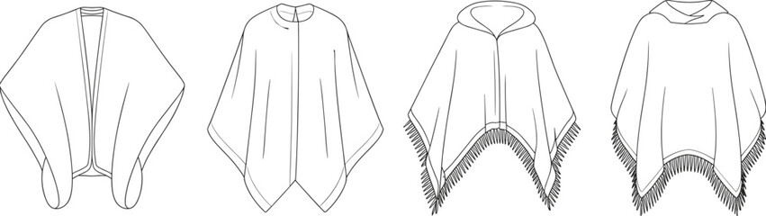 Poncho and cape template collection, front views of various outerwear designs with fringe options, fashion apparel vector outline illustration