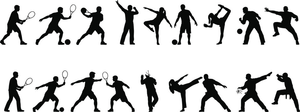 Set of different sports silhouettes, tennis, soccer, volleyball, and martial arts fighters performing various athletic actions vector collection. - Powered by Adobe