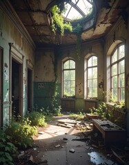 Decaying interior featuring sunlight streaming through a broken skylight and overgrown vegetation