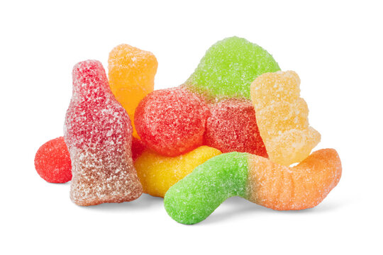 Assorted sour gummy candies in various shapes and bright colors piled together gummy candy sour candy - Powered by Adobe