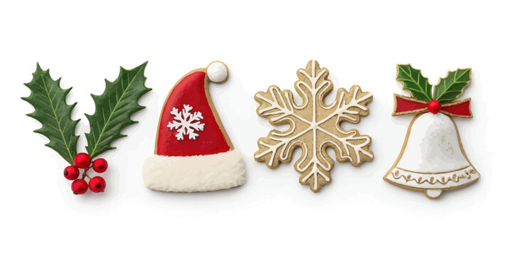  a small Christmas set of four cute items, including holly, Santa elements, and simple festive shapes in a clean modern style.