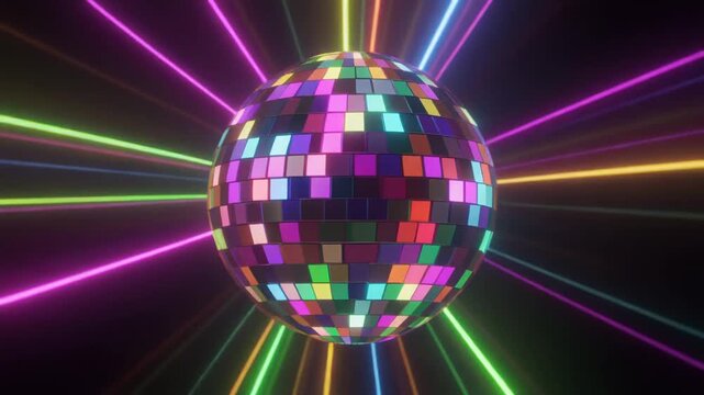 A vibrant disco ball emitting colorful light rays.
