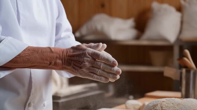 A baker claps flour-covered hands in a warm bakery setting. The image emphasizes the skill and dedication required in the art of baking. The flour dust highlights the process.  Stock Video