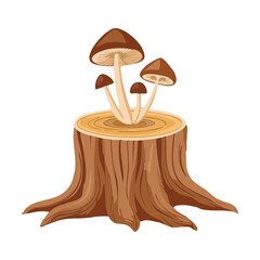 Detailed Close-up of a Tree Stump with Three Mushroom Plant Fungi, Natural Forest Woodland Element on White Background