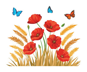 Red Poppy Plant Flowers and Golden Wheat Ears in a Sunny Field, Flying Butterflies in a Warm Summer Agricultural Landscape