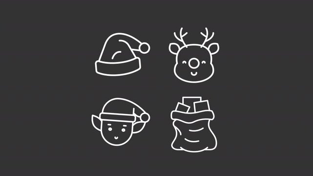 Santa Claus helpers and accessories ui icons white line animation set. Merry Christmas spirit. Winter festive traditions animated user interface elements isolated on dark background. HD video