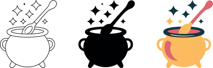 Three Variations of a Witchs Cauldron Stirring up Magic with a Spoon