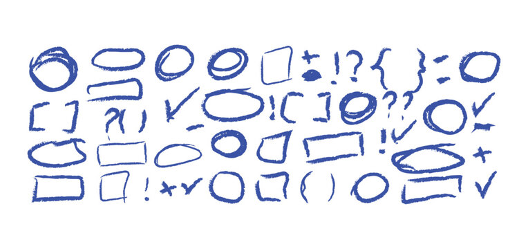 Blue crayon scribbled punctuation and symbols on white background