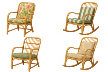 Rattan wicker chairs and rocking chairs set with tropical patterned cushions. Furniture collection on transparent background