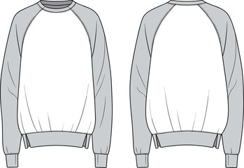 Raglan sleeve sweatshirt template front and back view, casual pullover mockup for apparel design, fashion clothing vector outline illustration